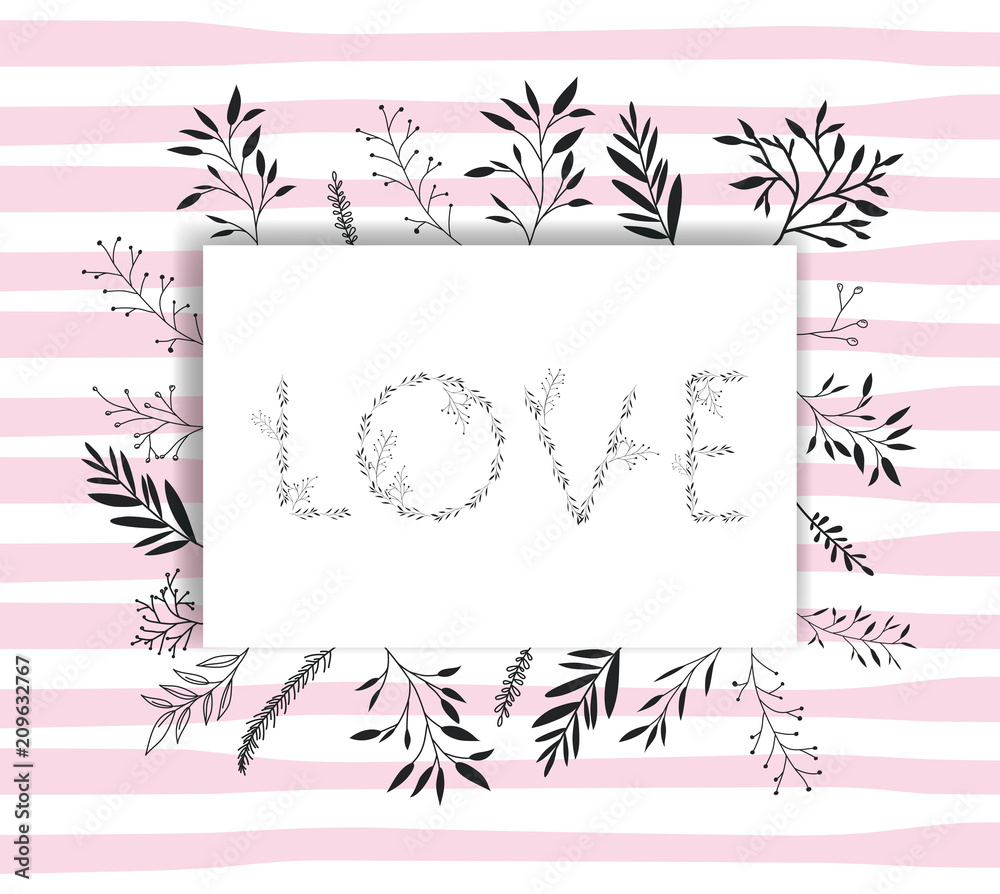 love word with handmade font and floral decoration vector illustration design