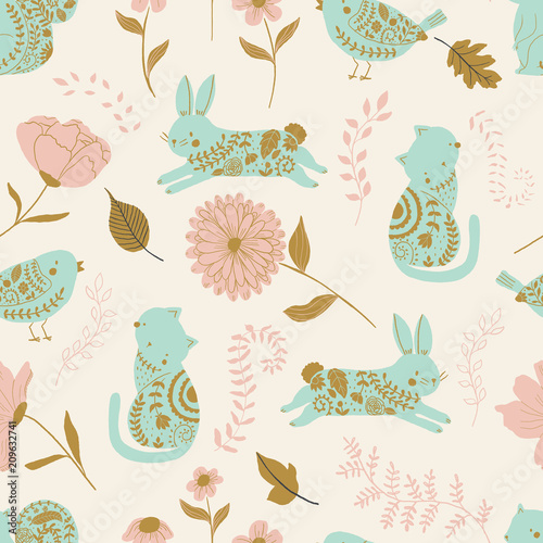 in the garden vector seamless pattern. Kids background with cute animals, birds and flowers