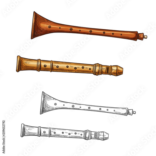 Wooden flute folk musical instrument sketch
