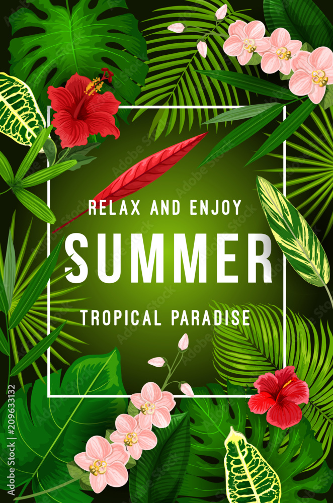 Fototapeta premium Summer tropical palm leaf and exotic flower banner