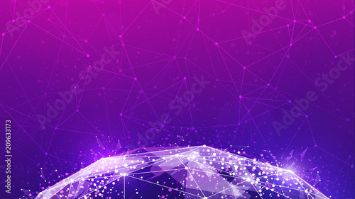 Blockchain technology futuristic hud ultraviolet background with world globe and blockchain polygon peer to peer network. Global cryptocurrency block chain violet business banner concept - copy space.