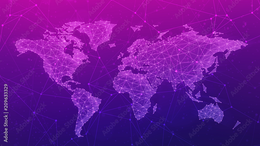 Fototapeta premium Polygon world map with blockchain technology peer to peer network on blue background. Network, p2p business, e-commerce, bitcoin trading and global cryptocurrency blockchain business banner concept.
