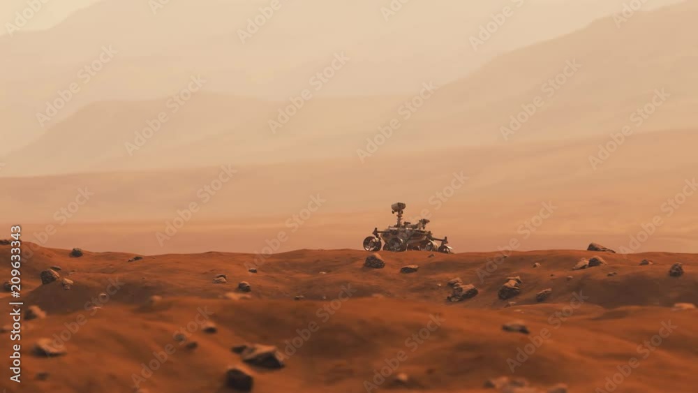 Planetary rover on the surface of Mars exploring alien planet landscape. 4K