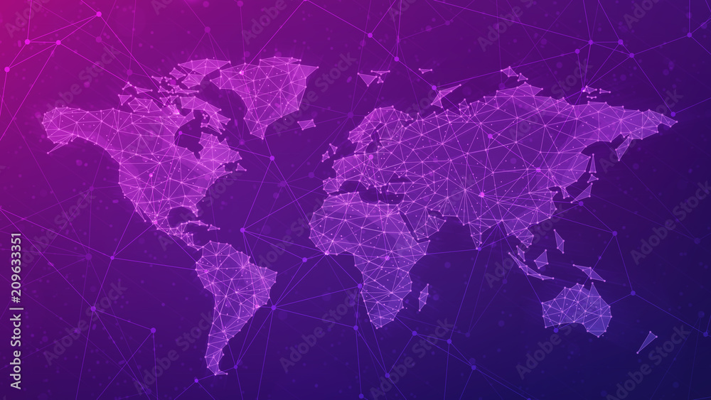 Fototapeta premium Polygon world map with blockchain technology peer to peer network on blue background. Network, p2p business, e-commerce, bitcoin trading and global cryptocurrency blockchain business banner concept.