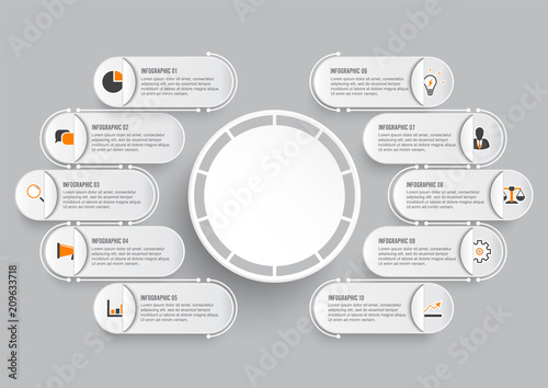 Business data visualization. Process paper chart. Abstract elements of graph, diagram with 10 steps, options, parts or processes. Vector business template for presentation.