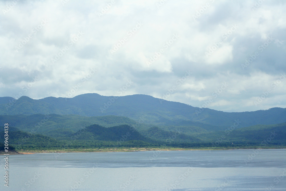 Landscape of mountains ,island and river at Bhumibol Dam in Tak,Thailand