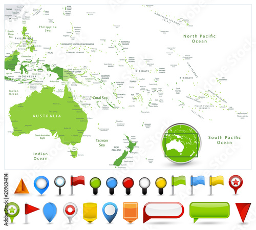 Australia and Oceania Map Spot Green Colors and glossy icons