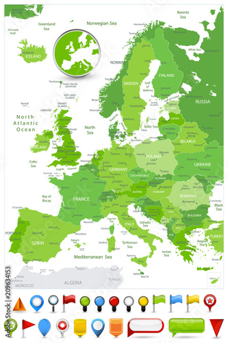 Europe Map Spot Green Colors and glossy icons