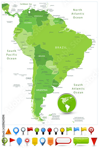 South America Map Spot Green Colors and glossy icons