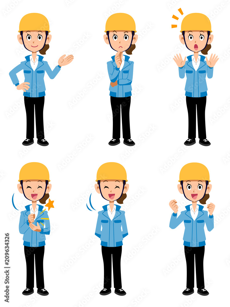 建築現場で働く女性　ブルーのジャケット　6種類のポーズセット2
