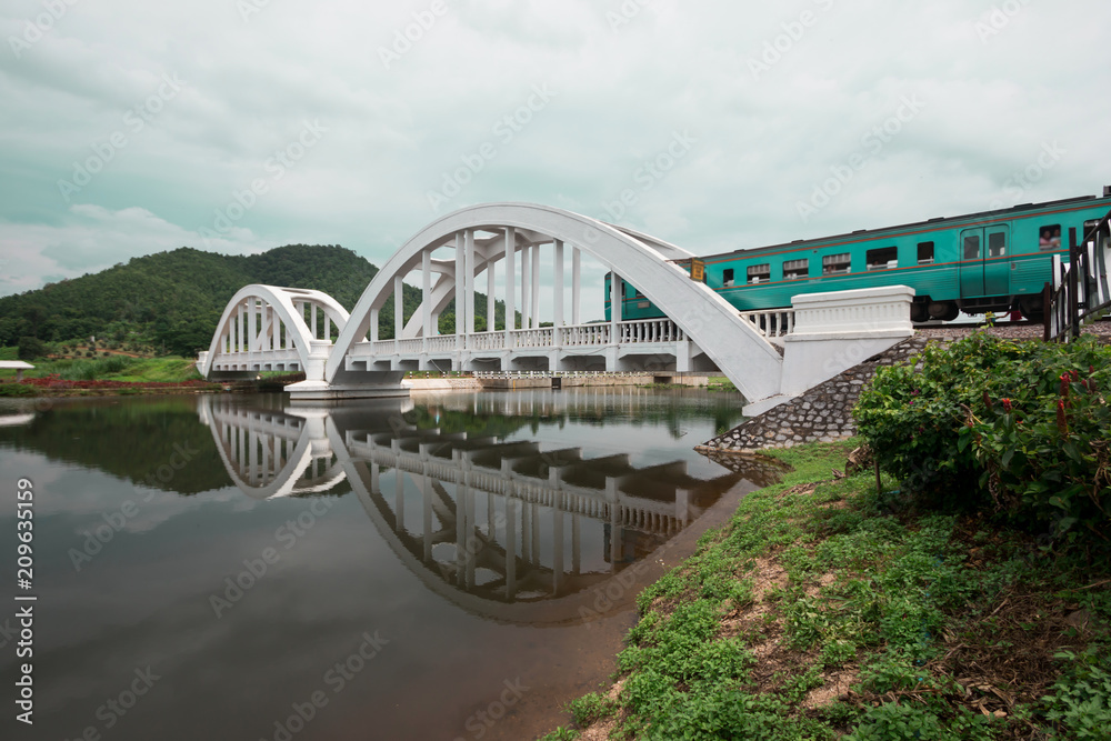 Fototapeta premium The train is crossing the white bridge with beautiful mountain view