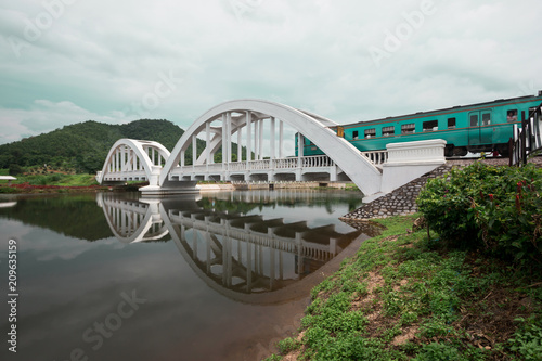 The train is crossing the white bridge with beautiful mountain view