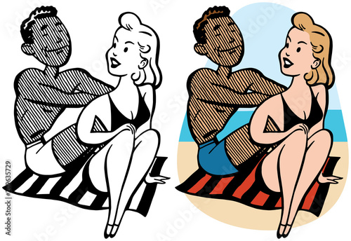 A couple gets a suntan on the beach during their beach vacation.