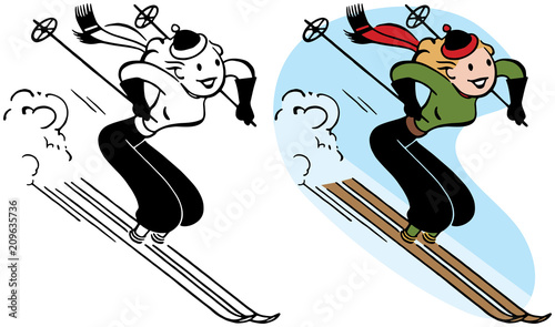 A woman speeds downhill on her skis.