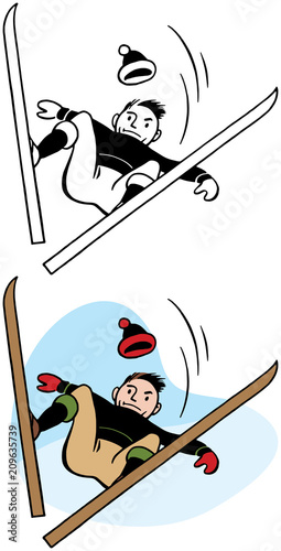 A man falls down a hill while skiing.