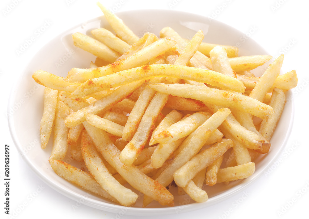 French fries in white plate isolated on white background French fries in white plate isolated on white background