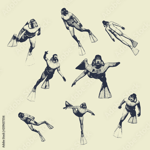 Silhouettes of diver. Set of diver icons. The concept of sport diving. Vintage engraved illustration photo