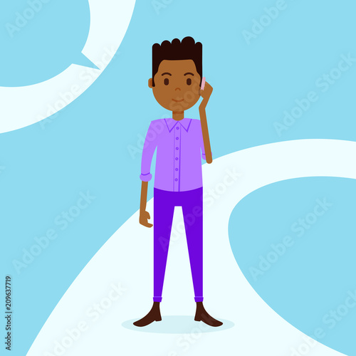 african teen boy character serious phone call male violet suit template for design work and animation on blue background full length flat person, vector illustration