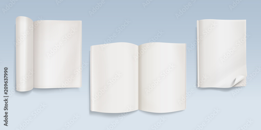 Book with empty pages vector illustration of notebook with blank paper sheets and curved corners. Realistic 3d templates of magazine or brochure mockup model set with shadow Book with empty pages vector illustration of notebook with blank paper sheets and curved corners. Realistic 3d templates of magazine or brochure mockup model set with shadow