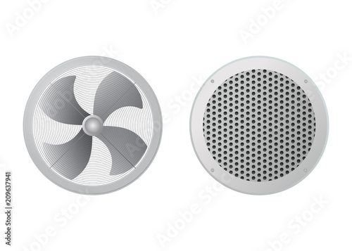 Axial fan and round ventilation grille. Industrial vector illustration. The HVAC equipment.