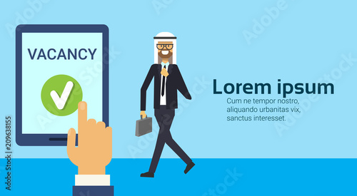 recruitment hold tablet in hands vacancy arab businessman, arabic business man new job position, HR concept with copy space, flat vector illustration