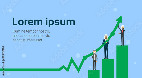 arab businessmen group stay on different stack raising financial arrow up growth and teamwork concept over blue background, flat, copy space vector illustration