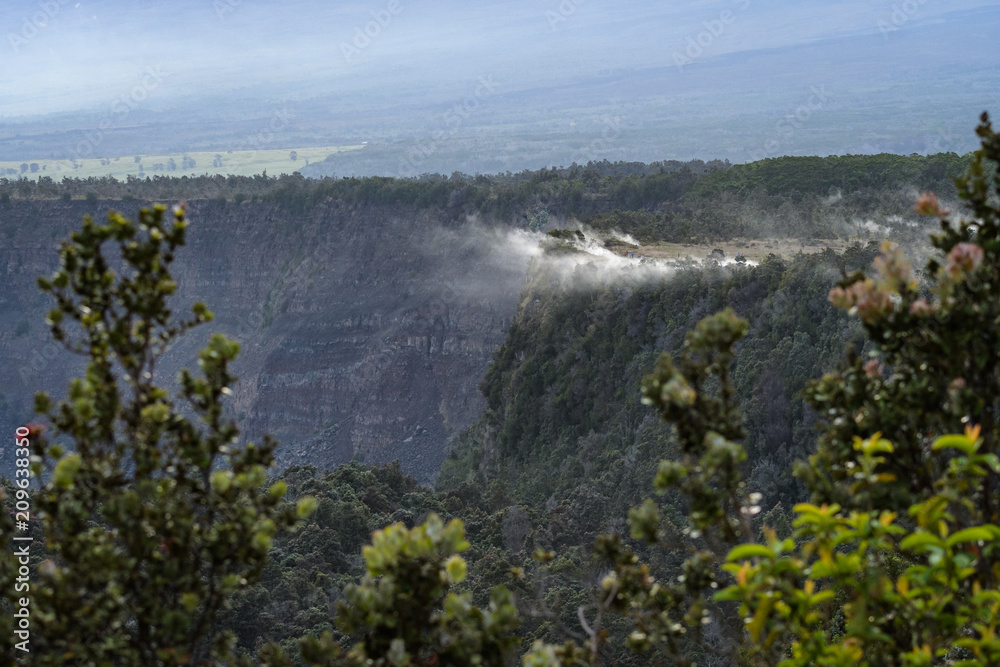 Beautiful lush green landscape in Volcanoes National Park, volcanic steam drifting off the edge of a cliff, Hawaii
