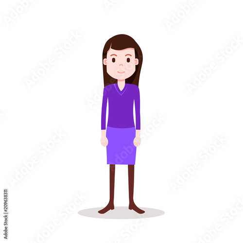girl brunette character serious female violet suit template for design work and animation on white background full length flat person vector illustration