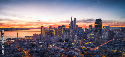 Panorama of the San Francisco skyline with brilliant sunrise