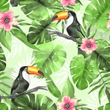 Seamless tropical pattern with Toucans 3. Watercolor illustration