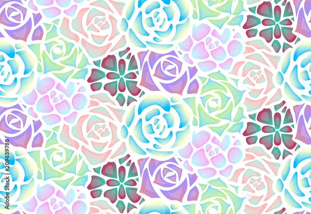 Seamless pattern of neon succulents with patches of light . View from above. Vector texture for creating fabrics, wallpaper and your design. Seamless pattern of neon succulents with patches of light . View from above. Vector texture for creating fabrics, wallpaper and your design.