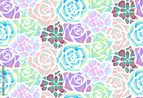 Seamless pattern of neon succulents with patches of light . View from above. Vector texture for creating fabrics, wallpaper and your design.