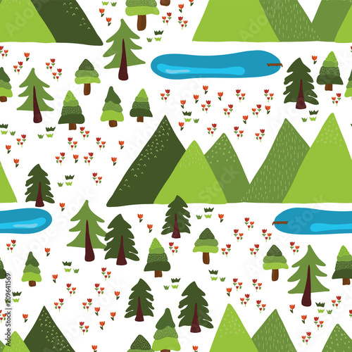 Trees, lakes; meadow and mountains on a white background. Seamless vector pattern.