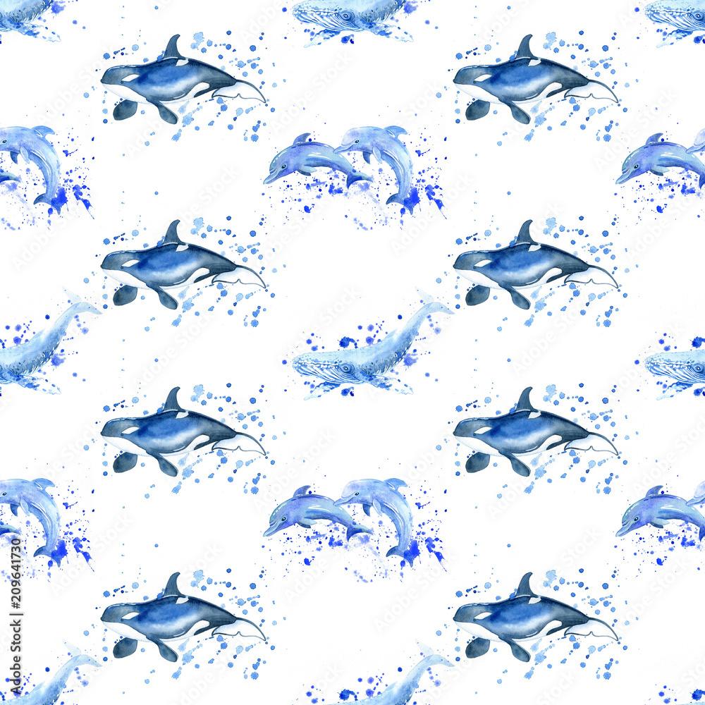 Obraz premium Wieloryb, delfin, orka akwarela rastrowy wzór.