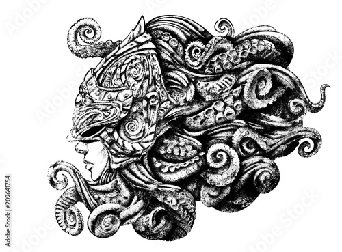 mythical creature, girl in a helmet with tentacles