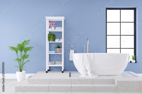 Modern and Luxury bathroom interior design  white bathtub on blue wall 3d rendering