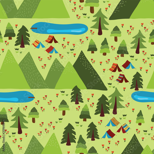 Camping tents, trees, lakes, meadow, and mountains. Seamless vector pattern.