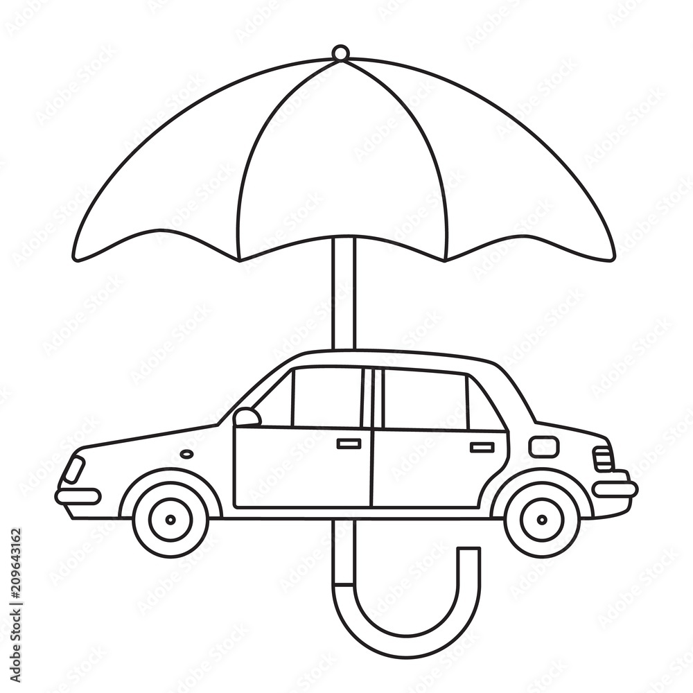The car under the umbrella is painted in the style of line art. The concept of safety, insurance, etc.