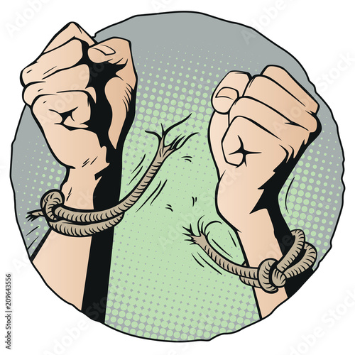 Hands tearing shackles. Stock illustration.
