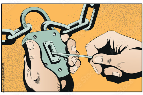 Hands open lock with a master key. Stock illustration.