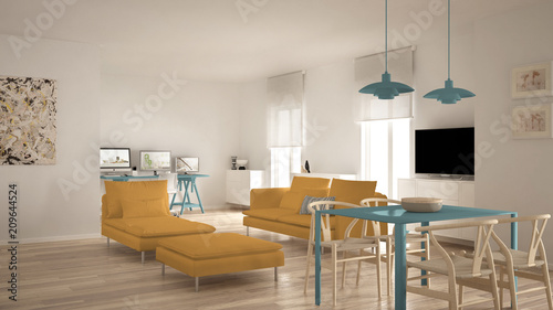 Scandinavian contemporary living room open space with dining table, sofa and chaise longue, office, home workplace with computers, minimal modern blue and yellow interior design