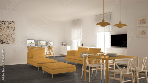 Scandinavian contemporary living room open space with dining table, sofa and chaise longue, office, home workplace with computers, minimal modern yellow and gray interior design © ArchiVIZ
