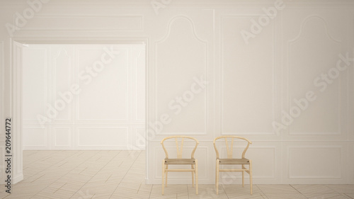 Classic empty room with parquet floor and wooden chairs  contemporary white interior design
