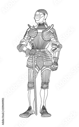 Knight in armor. Vector black and white illustration of a knight in armor and with a sword.