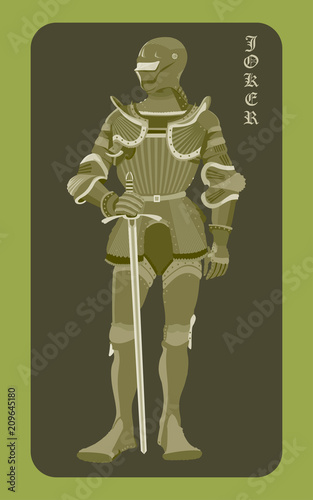 Knight Warrior Joker. Colored vector illustration of a medieval knight in armor.