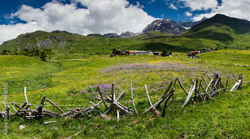 idyllic mountain landscape in the summertime with a traditional wooden fence in the foreground photo