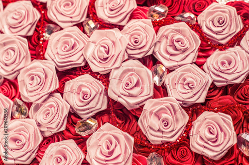 Wedding background with red and light pink silky roses  decoration of the wedding party