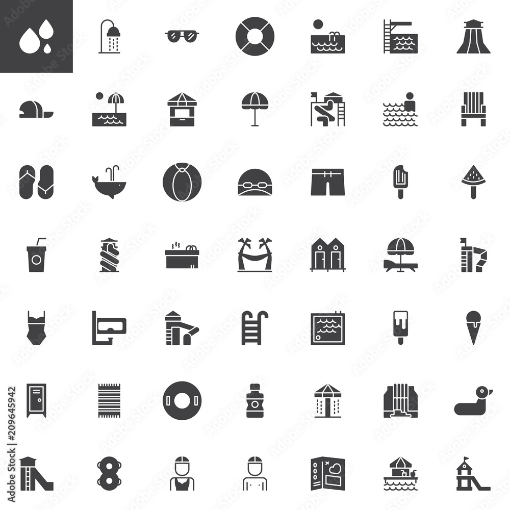 Water park vector icons set, modern solid symbol collection, filled style pictogram pack. Signs, logo illustration. Set includes icons as Aqua park, Shower, Sunglass, Pipe slides attraction, Swimming Water park vector icons set, modern solid symbol collection, filled style pictogram pack. Signs, logo illustration. Set includes icons as Aqua park, Shower, Sunglass, Pipe slides attraction, Swimming
