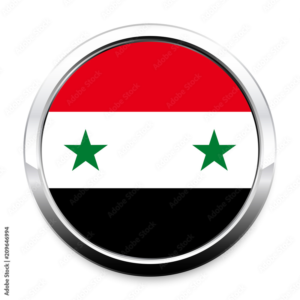 Button Flag of Syria in a round metal chrome frame with a shadow. The symbol of Independence Day, a souvenir, a button for switching the language on the site, an icon.