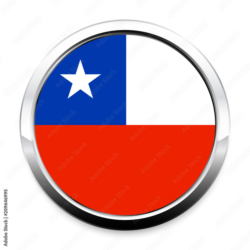 Button Flag of Chile in a round metal chrome frame with a shadow. The symbol of Independence Day, a souvenir, a button for switching the language on the site, an icon. Button Flag of Chile in a round metal chrome frame with a shadow. The symbol of Independence Day, a souvenir, a button for switching the language on the site, an icon.
